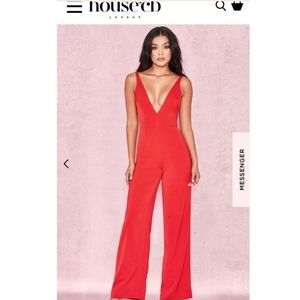 House of CB Leilah Red Plunge Neck Jumpsuit